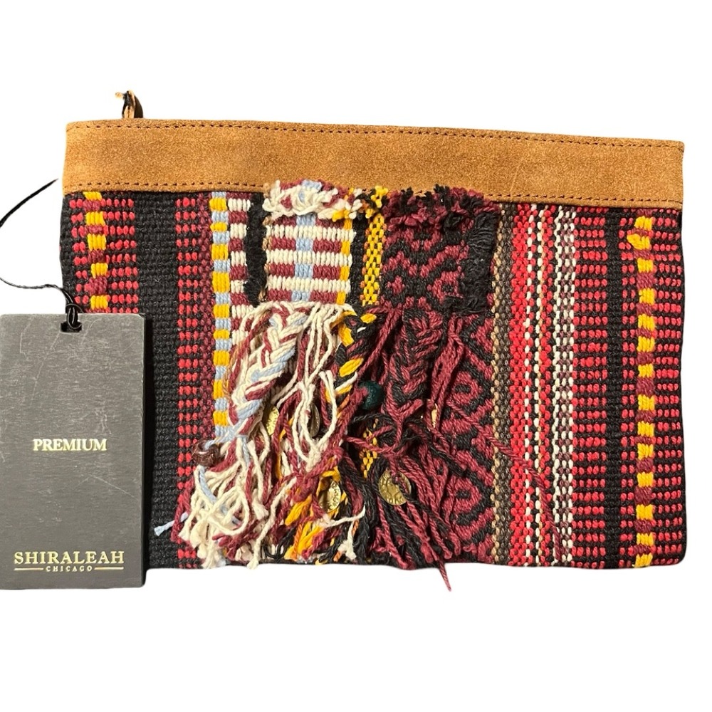 NWT Shiraleah Chicago Pouch Clutch Woven Cotton Leather Trim Zip